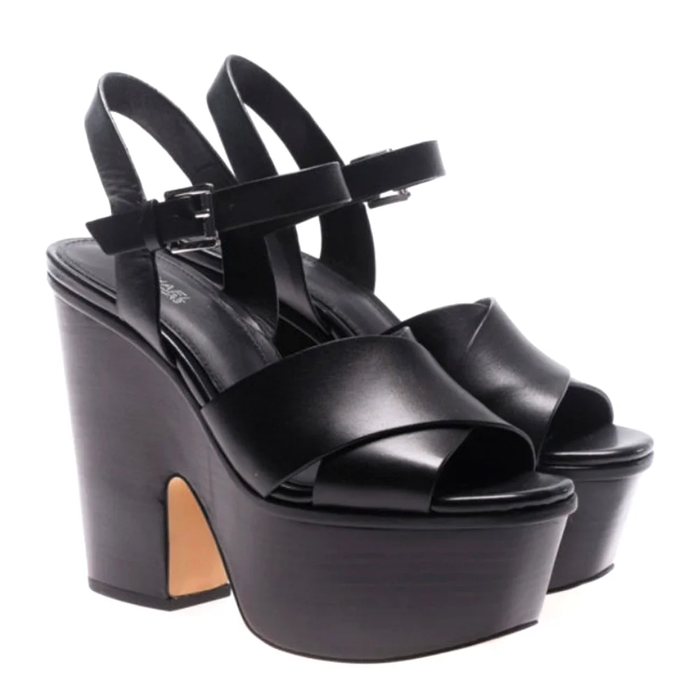 🍒MK🍒 5 INCH BLACK LEATHER CHUNKY HEELS - Picture 1 of 10